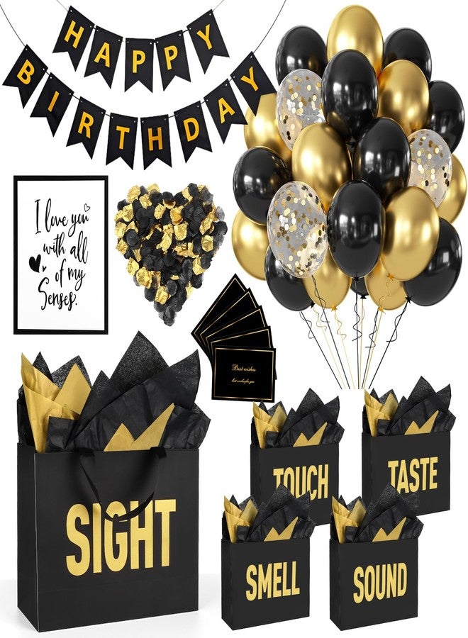 Draupnir 5 Senses Gift Bags for Him with Labels Party Decoration 5 Senses Gift Bags Comes with Birthday Decoration Rose Petals Happy Birthday Banner Balloons and Tissue Paper and Balloon Strap(Black Gold) - Image 1